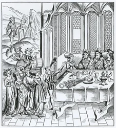 Banquete de Estado - sirviendo el pavo real, después de un grabado en una edición de Virgilio, publicado en Lyon, 1517